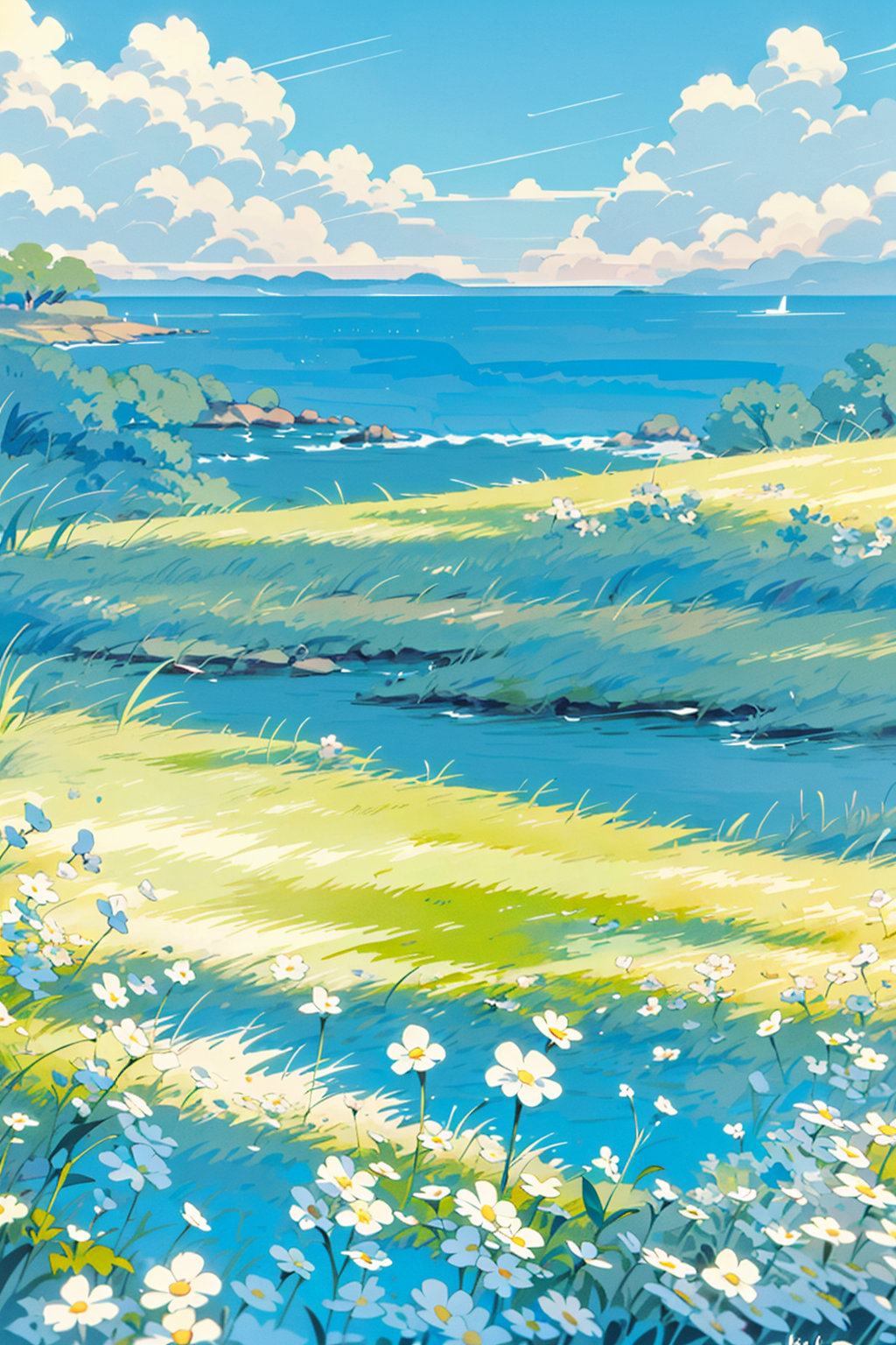 01215-1814378300-outdoors, flower, scenery, day, white flower, sky, ocean, tree, water, blue sky, grass, solo, standing, field, yellow flower, wi.png